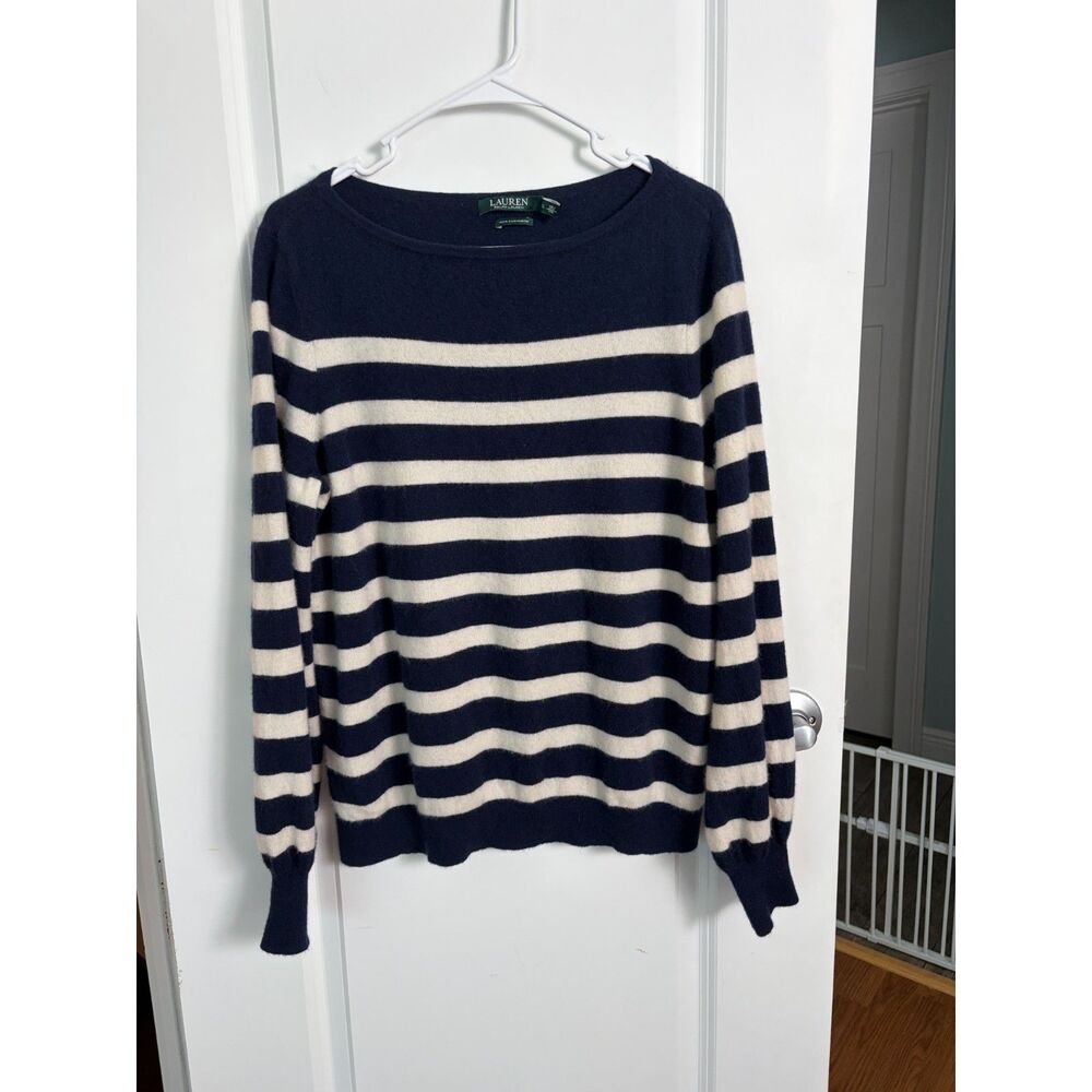 Lauren Ralph Lauren 100% Cashmere Navy Blue White Striped Boatneck Sweater XL